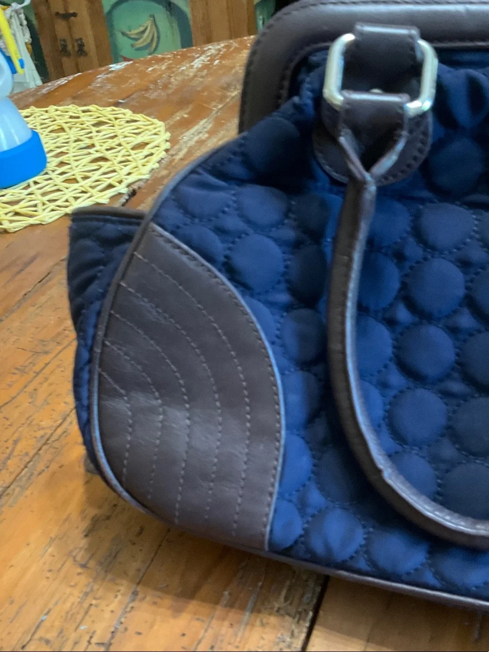 Vera Bradley Navy Quilted Satchel with Brown Trim and Handles
